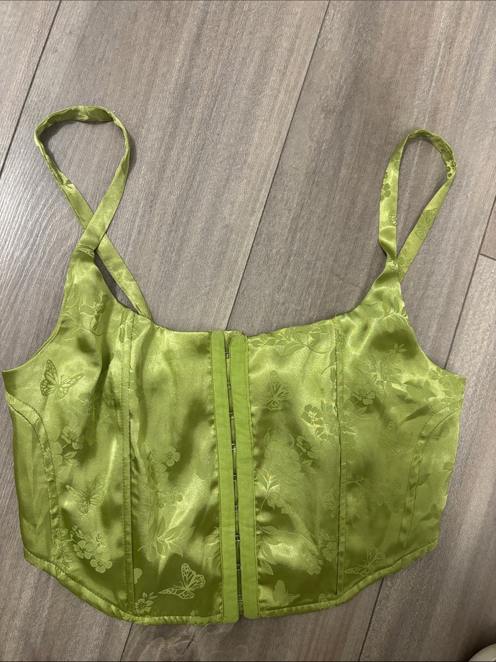L.A. Hearts Lime Satin Floral Corset Crop Top - Picture 1 of 3